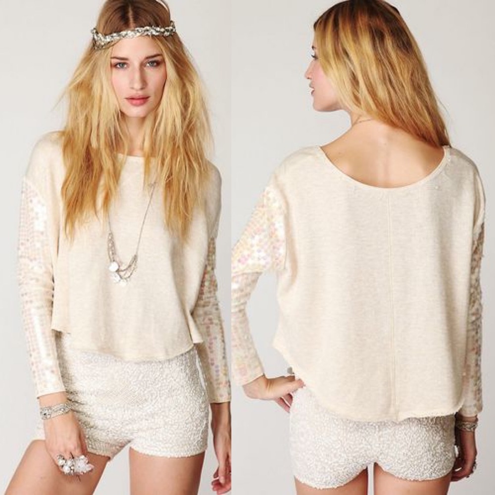 Free People Ivory Sequin Sleeve Slouchy Sweatshirt - Picture 11 of 11